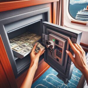 Woman storing her extra cash and any valuables in the cruise ship in-room safe.